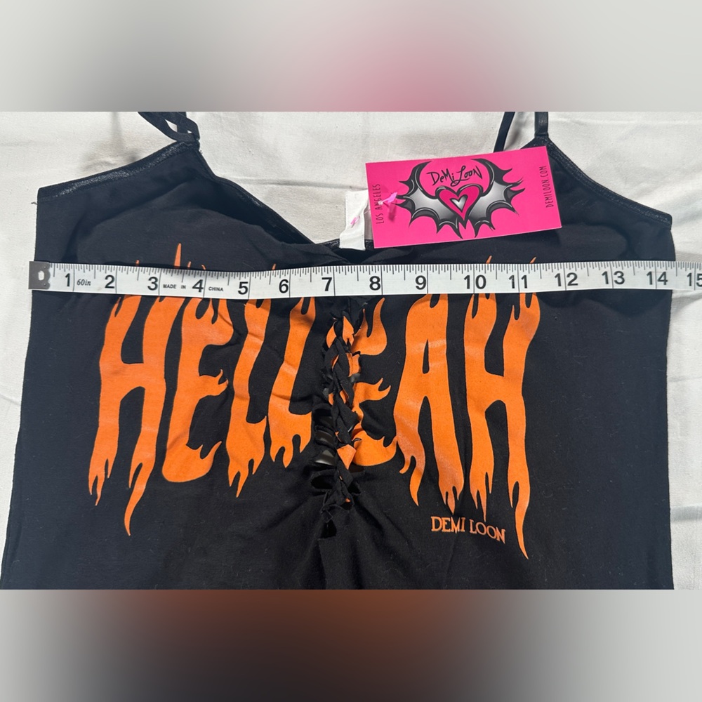 Demi Loon Graphic Hell Yeah Black and Orange Sexy Shredded Women's Tank Sz LG - Picture 2 of 4